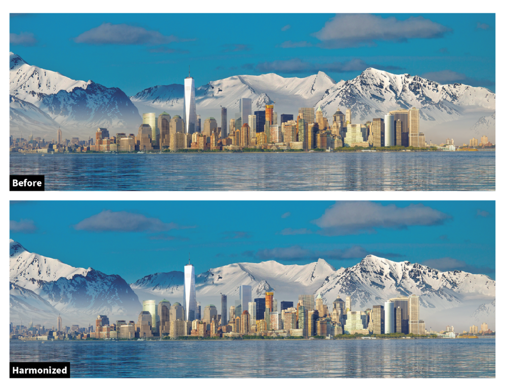 Two images showing a city skyline against mountain backdrops. the top image is unaltered, with a natural landscape, while the bottom image integrates the city seamlessly into the snowy mountain scene.