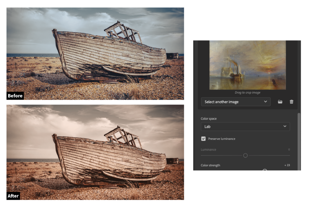 An image showing a before and after editing comparison of a wooden boat on a dry landscape, with enhanced colors in the "after" section to emphasize the textures and setting.