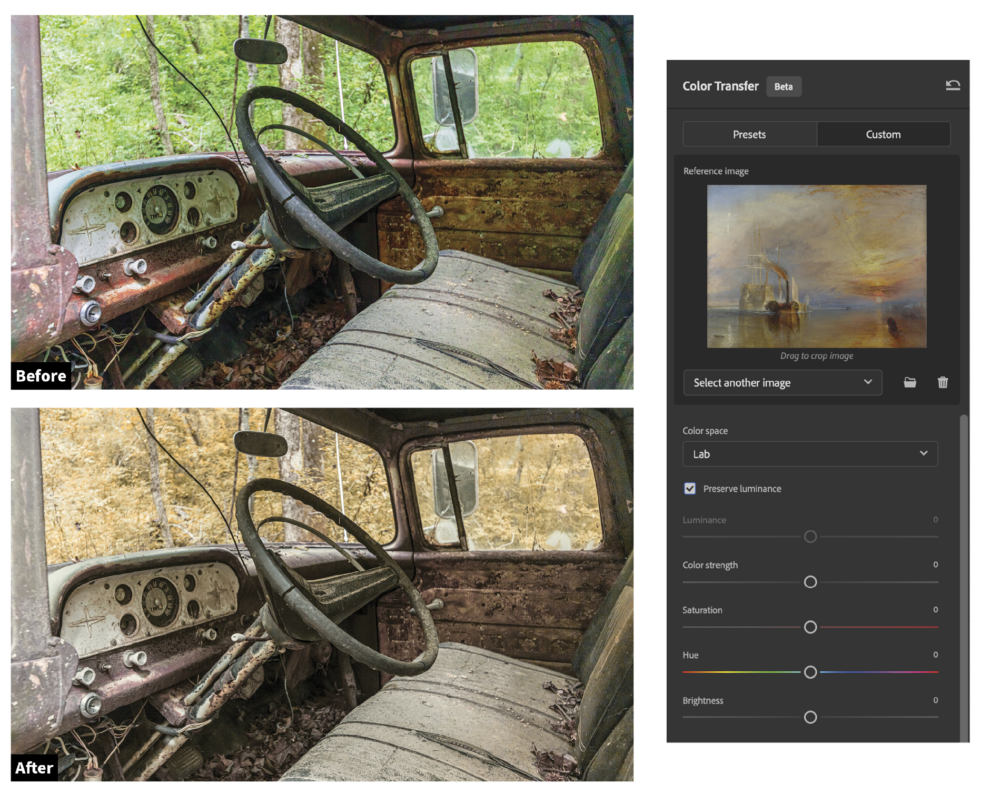 A split-view image showing the before and after effects of photo editing on an old truck's rusty interior, highlighting an enhanced color palette and clarity.