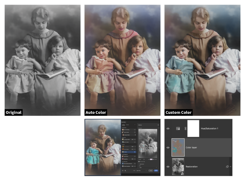 A side-by-side display of one original and two colorized versions of a vintage photo featuring a woman and three children reading a book, along with an image editing software interface showing color adjustments.