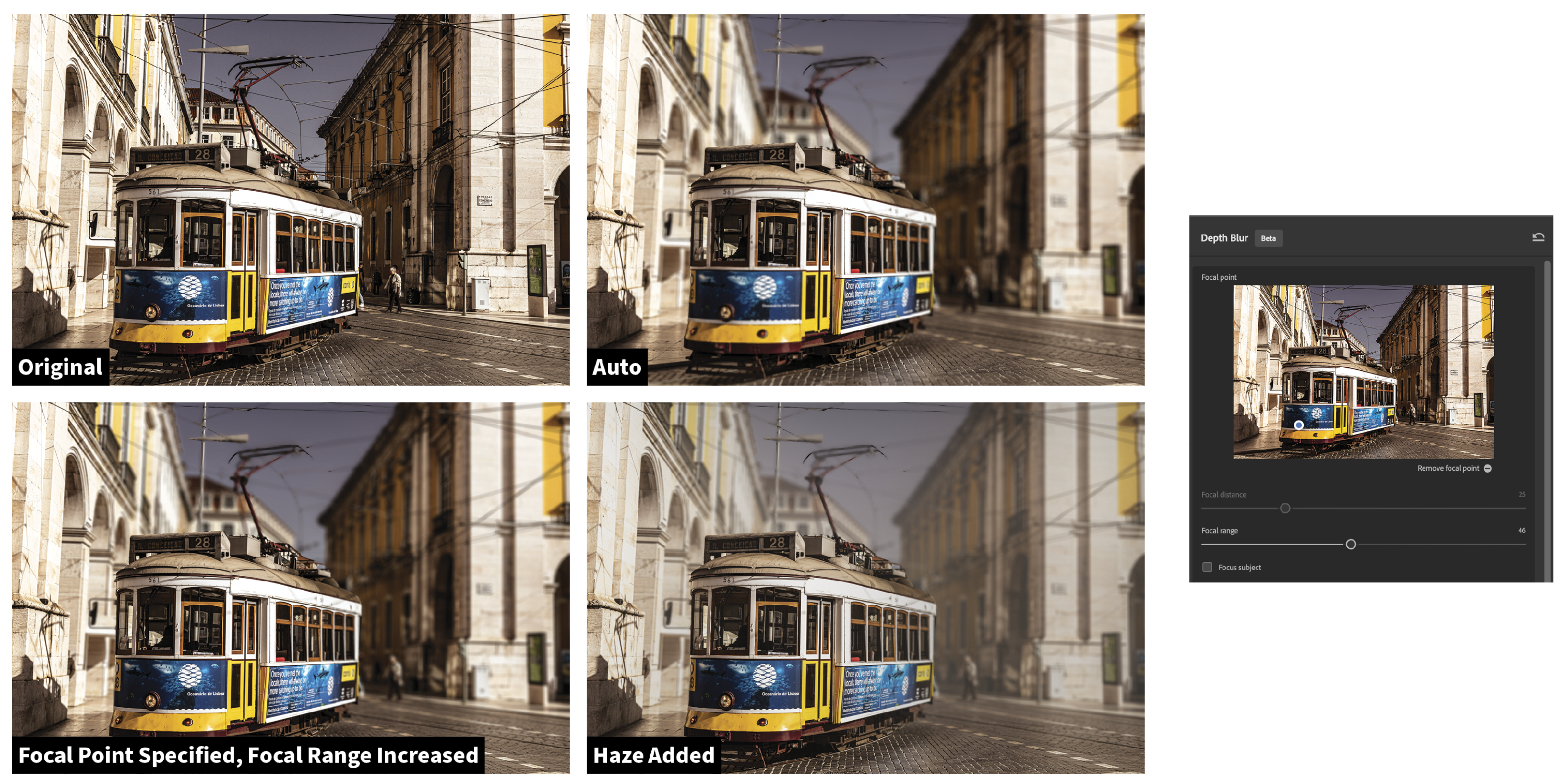 Three versions of a photo displayed in editing software, featuring a classic yellow and blue tram on a sunlit street lined with historic buildings, with varying focus, range, and added haze effects.