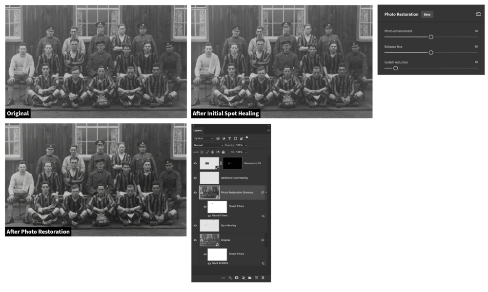 A split-screen image showing the progression of a black-and-white photo restoration: original group photo on top left, initial spot-healing version in center, and final after restoration on bottom. digital restoration tools displayed on the right.