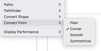 InDesign commands for Convert Point: Plain, Corner, Symmetrical, and Smooth