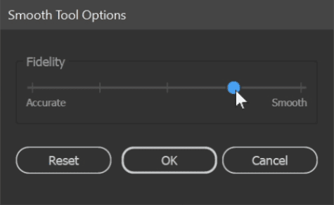 Figure 8. As with the Pencil and Brush tools, you can double-click the Smooth tool in your toolbar to open an Options dialog box. The Fidelity slider enables you to adjust the strength of the smoothing action.