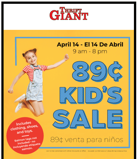 Figure 10. This promotional email uses a single large image for the entire message; none of the text is live. In order to retain efficacy with images turned off, the alt text should convey (in both English and Spanish, since this is a bilingual email) the important details such as the date and time of the sale, featured sale items, and potentially the fine print.