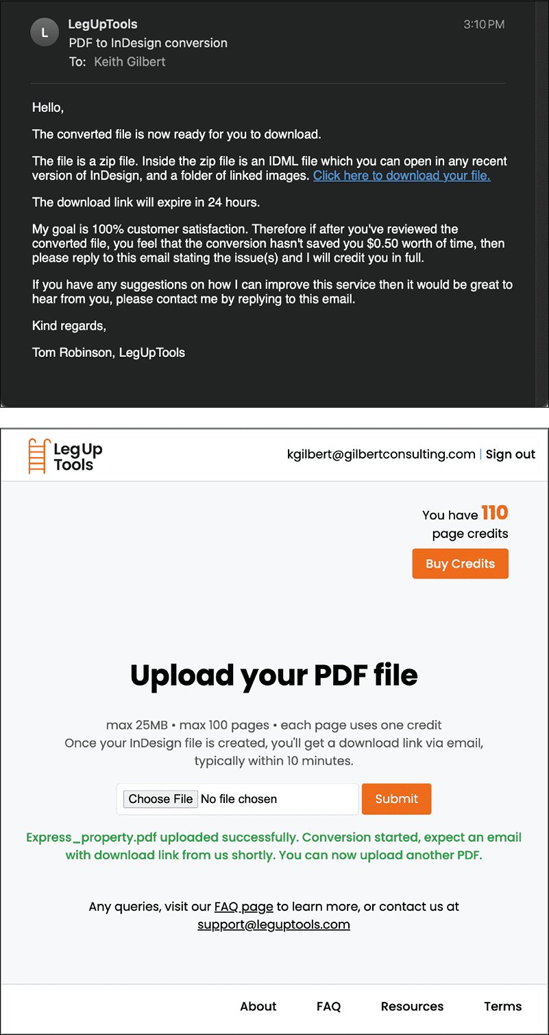 Figure 1. The upload page (left) gives you helpful instructions in uploading your file. A few minutes after submitting your PDF, you’ll receive an email with a download link (right).