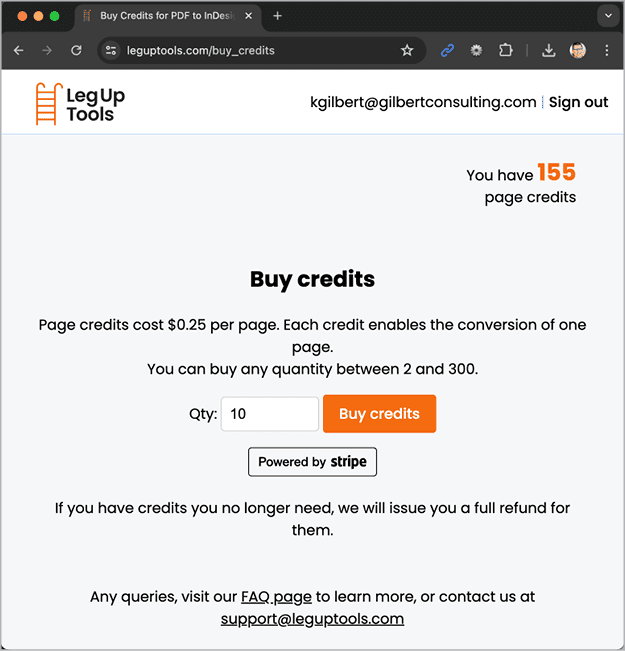 Figure 2. LegUpTools works on a credit system, with each page costing $0.25.