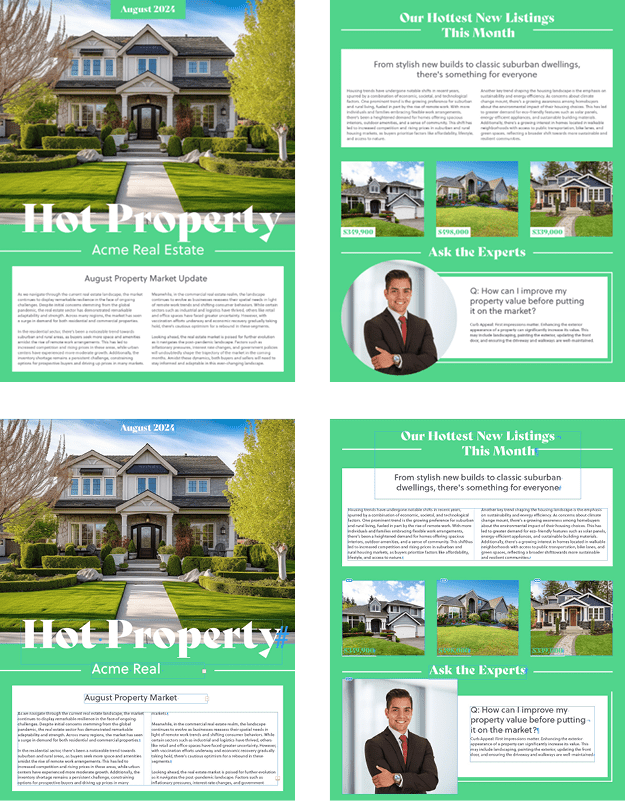 Figure 5. These two pages were created in Adobe Express (top), exported as PDF, and converted to InDesign (bottom). Frame edges and hidden characters are displayed on the InDesign pages so you can see how the pages are constructed.
