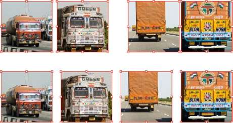 Figure 3: Distributing selected objects: Before (top) and after (bottom) clicking the Distribute Horizontal Centers button.