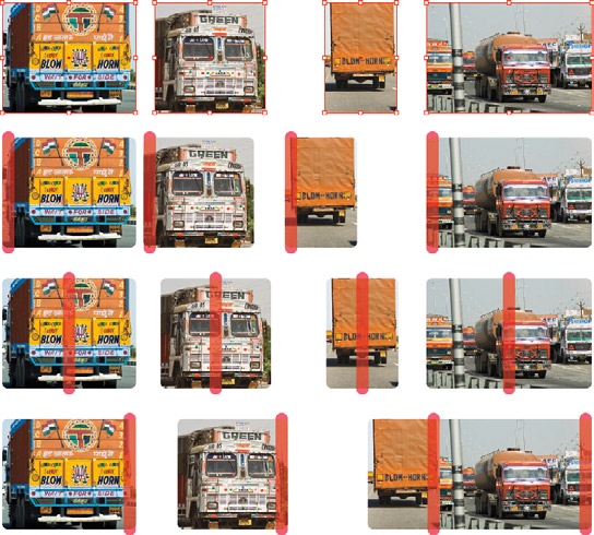 Figure 5. The Distribute Object buttons produce different results when objects aren't the same size. From top to bottom, with the affected edge marked in red: Original positions, Distribute Left Edges, Distribute Horizontal Centers, and Distribute Right Edges.