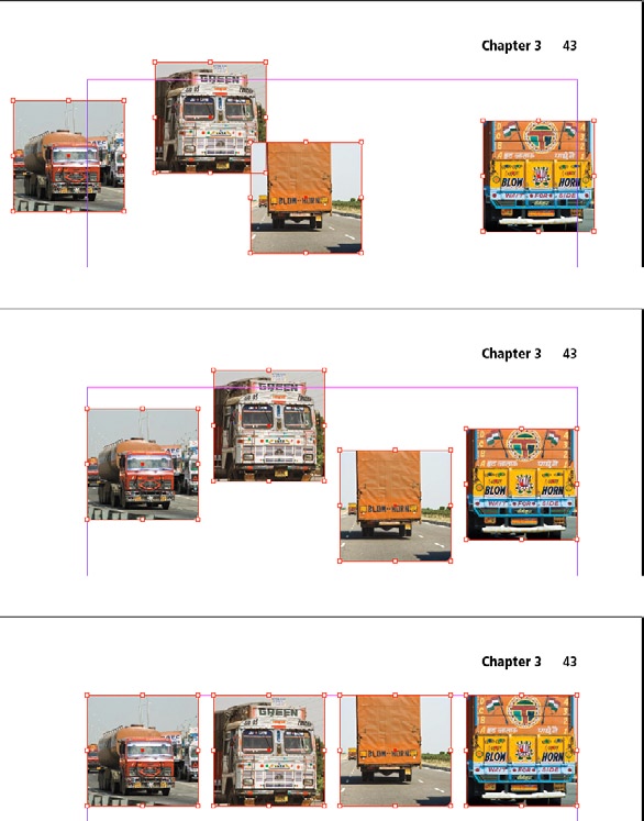 Figure 7: Four objects laid out in two steps. From top to bottom: original positions, Distribute Horizontal Centers within page margins, and Align Top Edges within page margins.