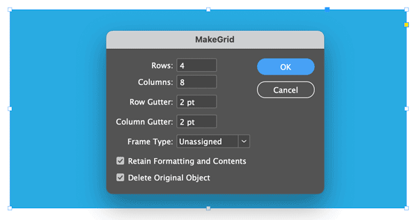 Dialog box for InDesign make grid script