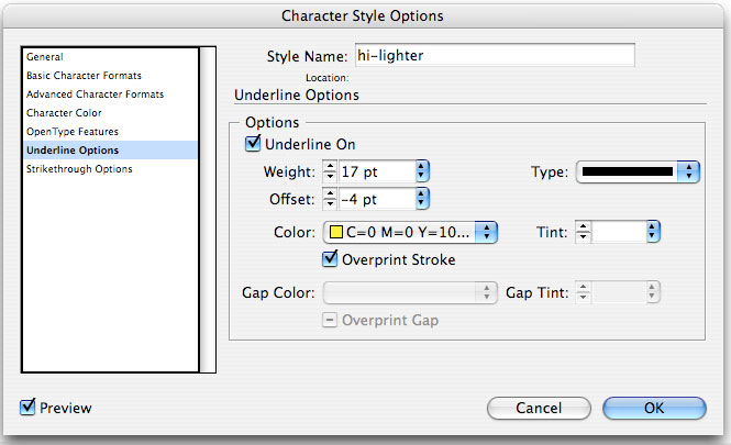 Figure 7: Basic underline highlighter settings.