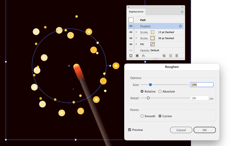 Figure 11. Scatter the dots by applying Roughen. Make sure that the Roughen effect is not inside a stroke, but on top of the two strokes in the Appearance panel.