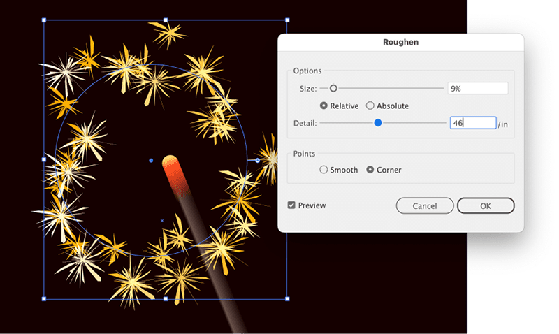 Figure 14. Setting up the sparkles. At this point, if you decide you need more sparkles, you can edit either the dashed stroke settings or the first Roughen effect.