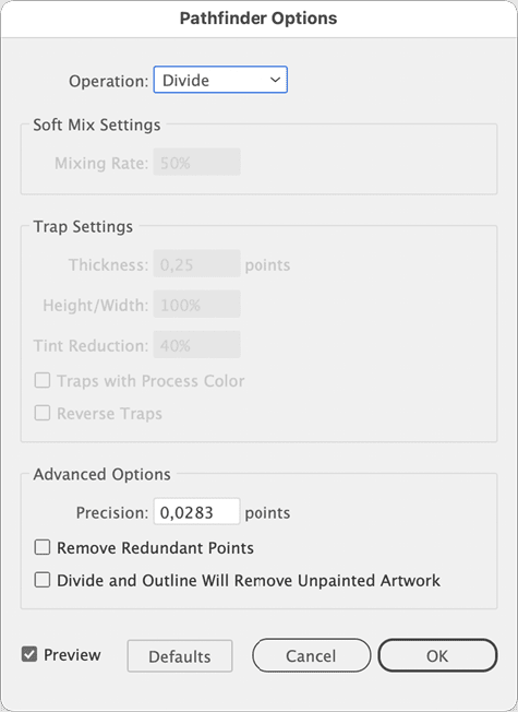 Figure 26. Be sure to turn off Divide and Outline Will Remove Unpainted Artwork.