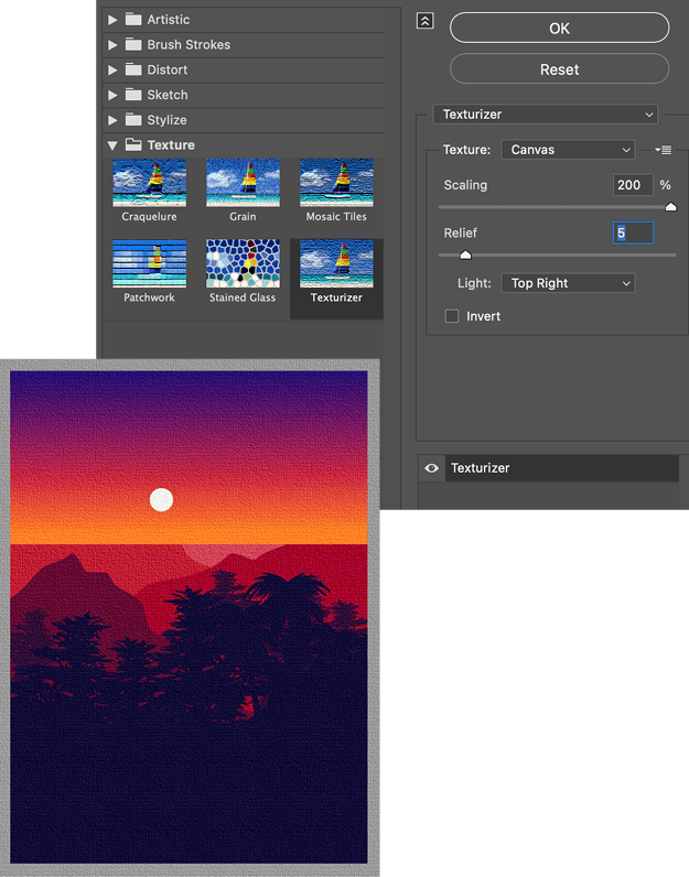 Figure 8. It’s easy to apply an effect that makes flat vector art look like it’s on a background material such as canvas.