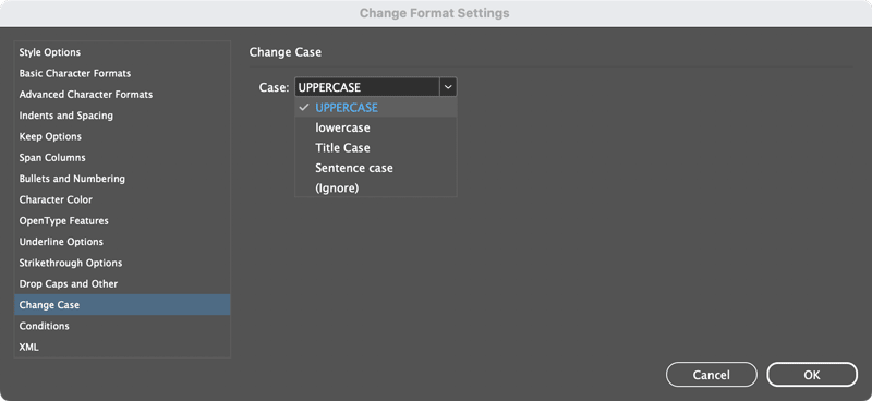InDesign 19.5 new feature Find/Change text case