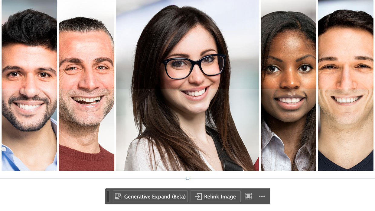 a comparison of original placed images of five faces in Adobe InDesign with versions created using the Generative Expand feature