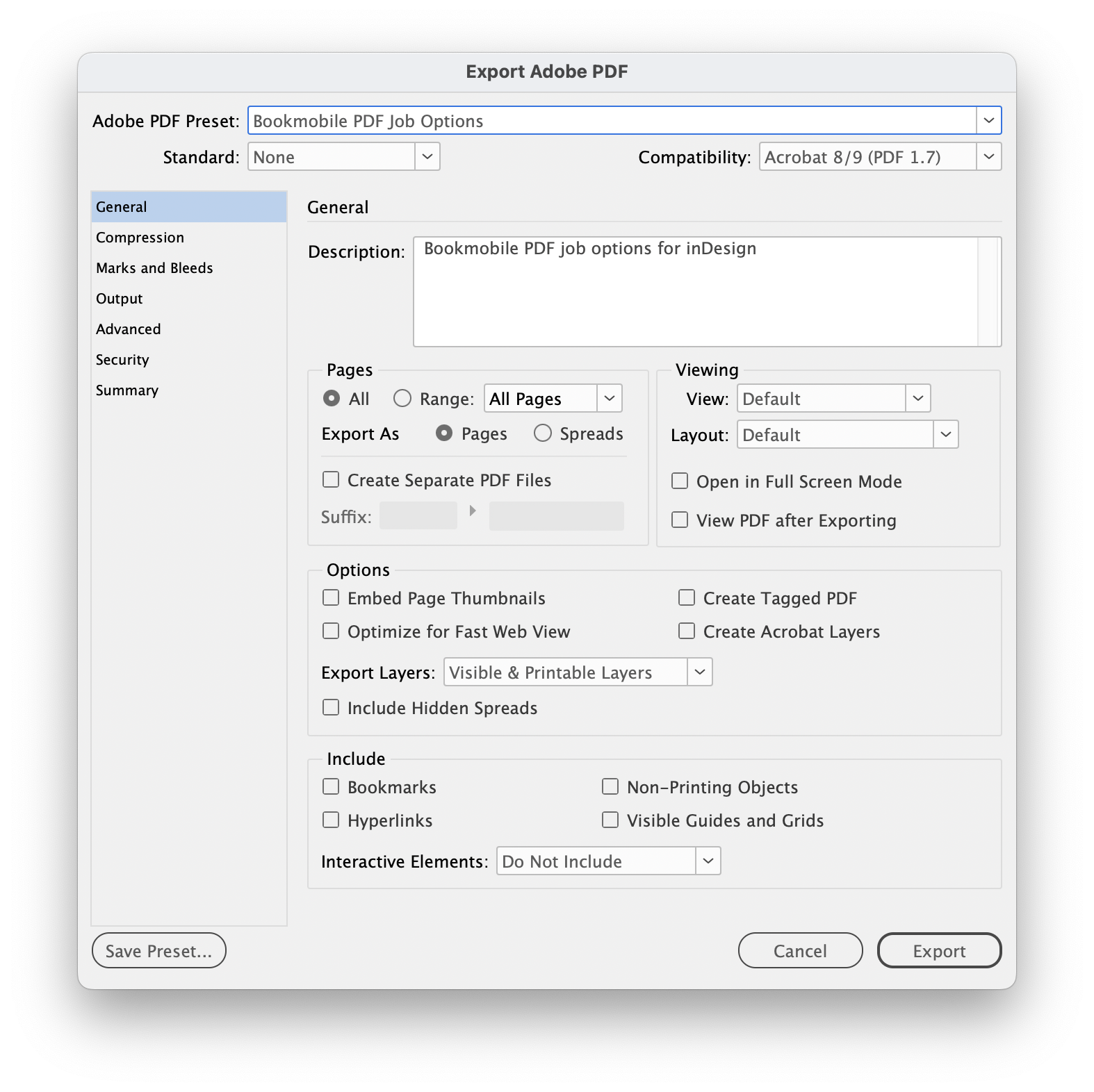Screen shot of dialog box of Adobe InDesign's PDF Export command, showing "Bookmobile Settings" as the selection for the preset