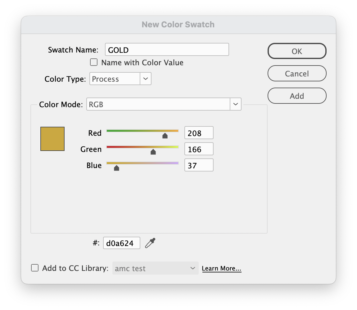InDesign's edit swatch dialog box shows a gold color defined in RGB mode with an interface that includes an eyedropper tool