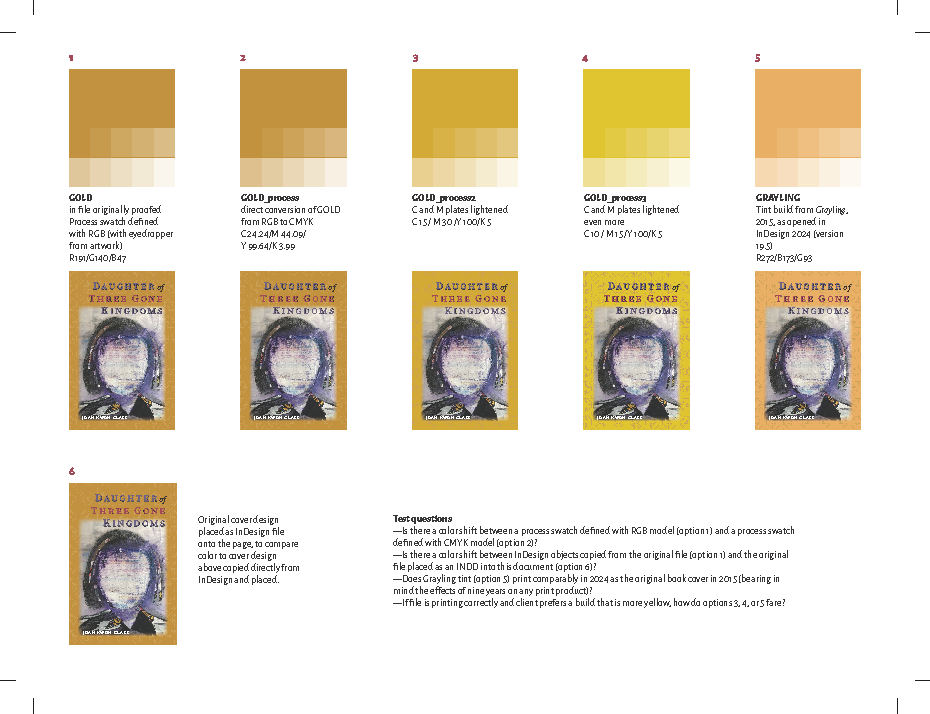 A document shows five similar golden color swatches; below each is a version of the book cover with each respective swatch.