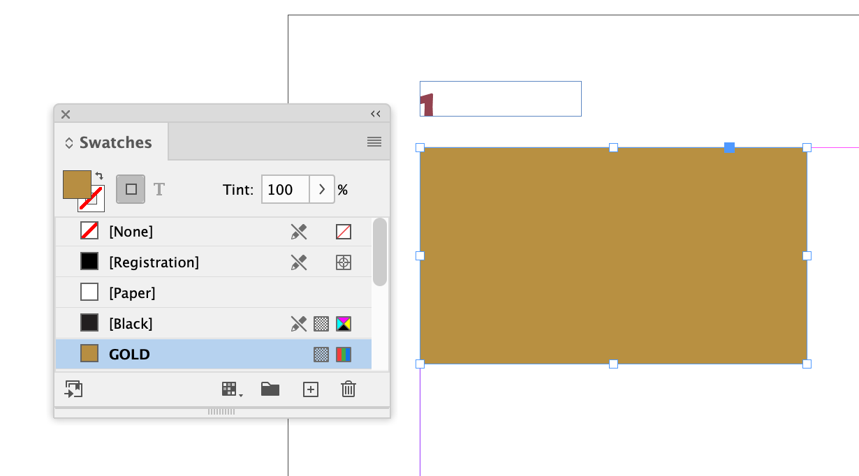 A gold rectangle in InDesign with the swatches panel open and "GOLD" highlighted on the list of swatches.
