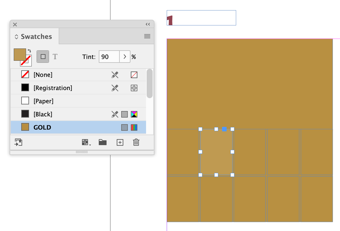 InDesign screen with gold rectangle behind smaller tint of the same color and swatches panel showing the tint as 90 percent.