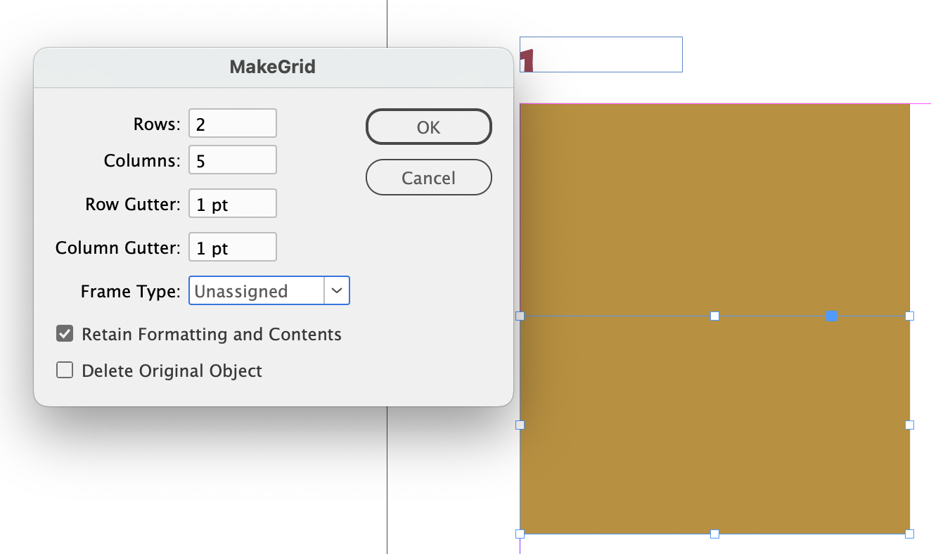 A solid gold object selected with the Make Grid script dialog box showing options for rows (2) and columns (5).