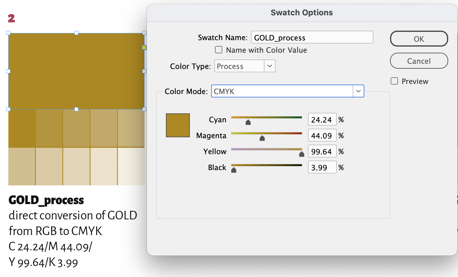swatch and tints with color GOLD.process applied.