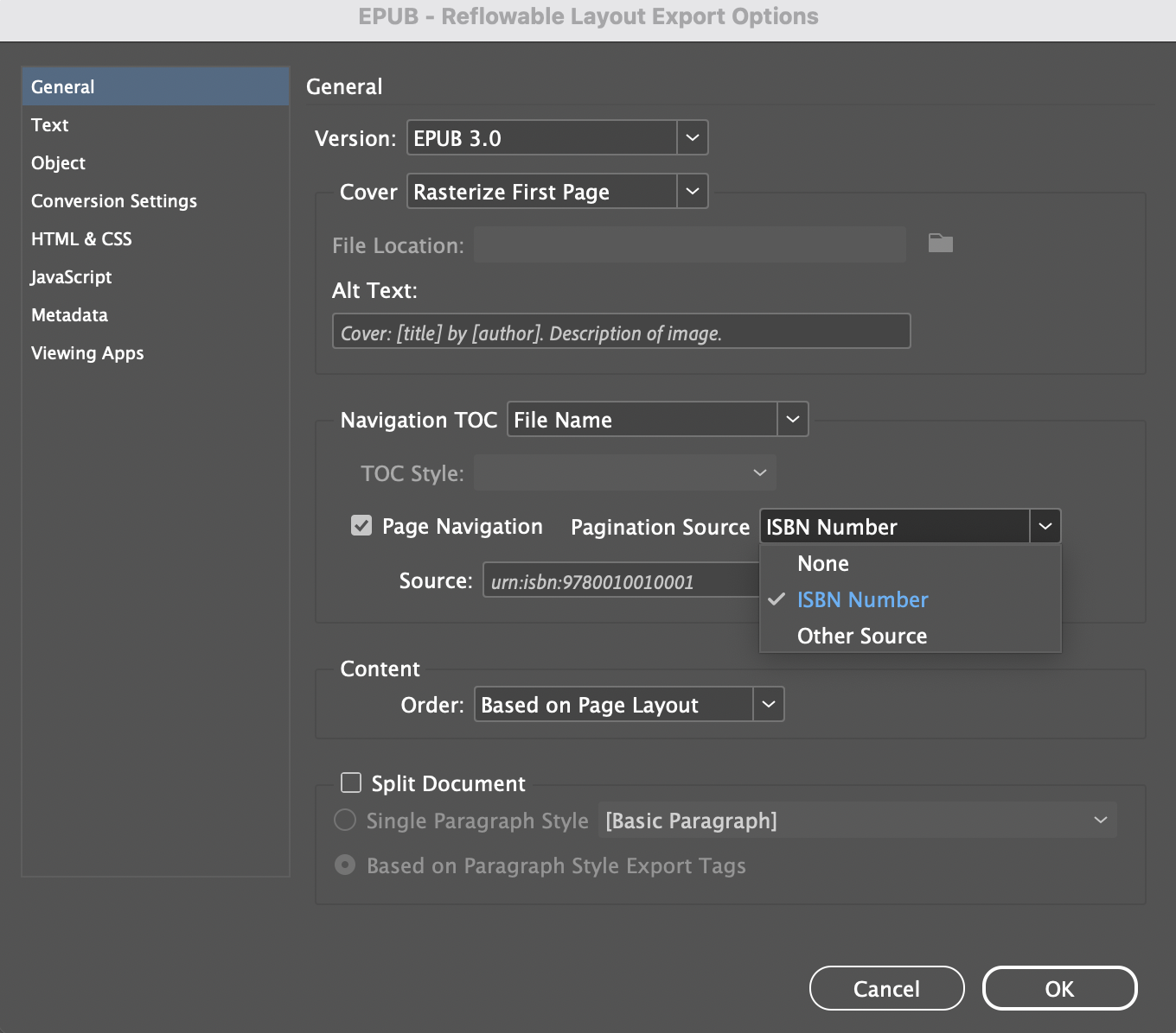 Screenshot of the General tab of the EPUB export menu highlighting the middle of the screen where the page navigation button is checked, and the pagination source drop-down menu is activated.