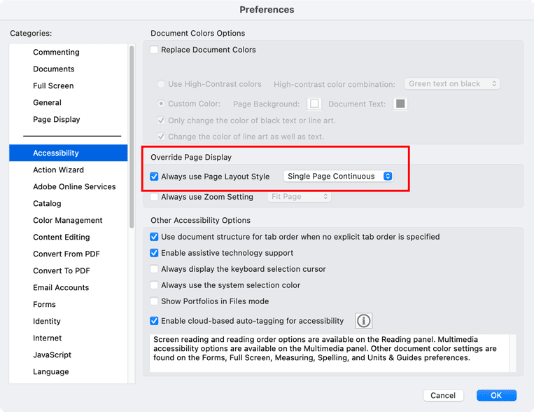 Adobe Acrobat Accessibility preferences to set scrolling page display for all PDFs