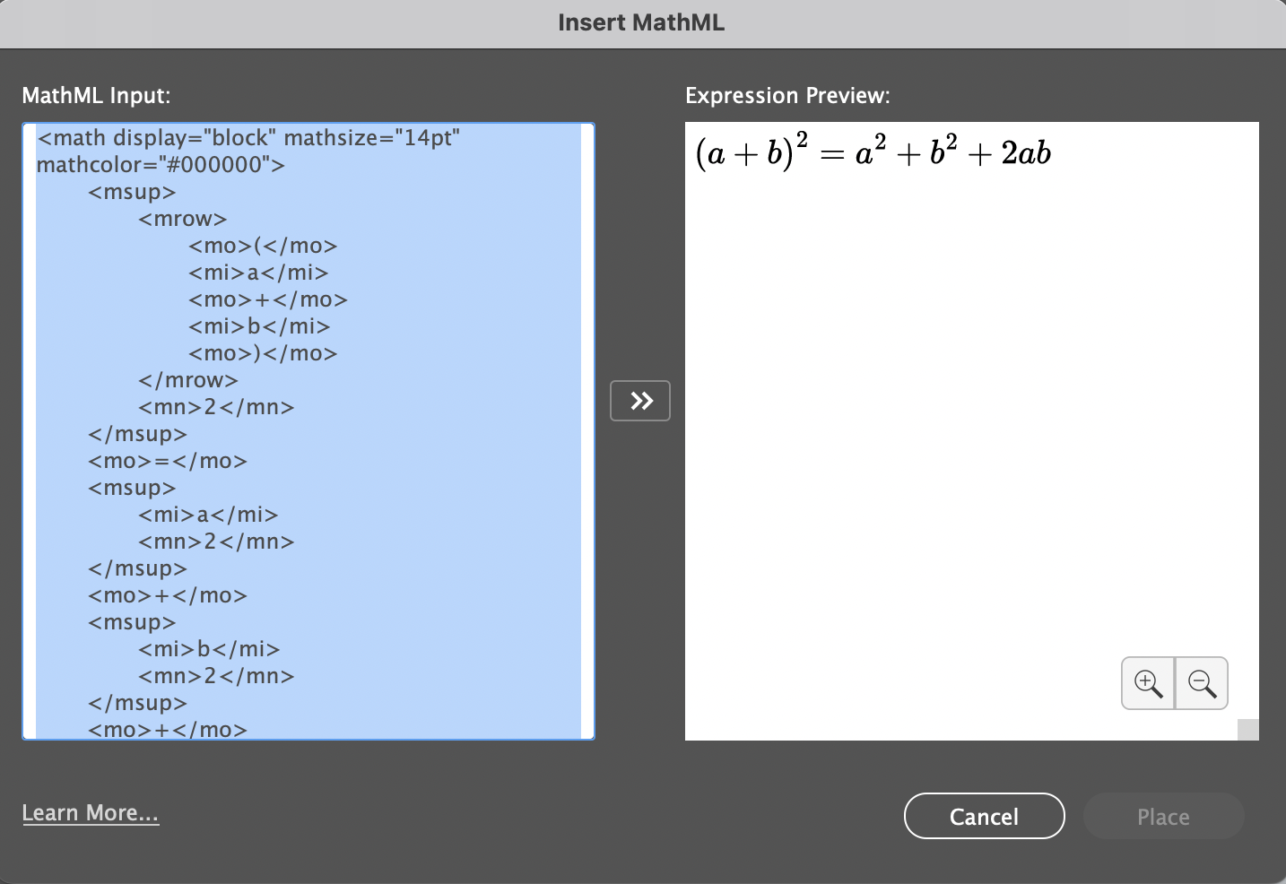 Screenshot of the Insert MathML window. Raw MathML is on the left with the equation preview on the right.