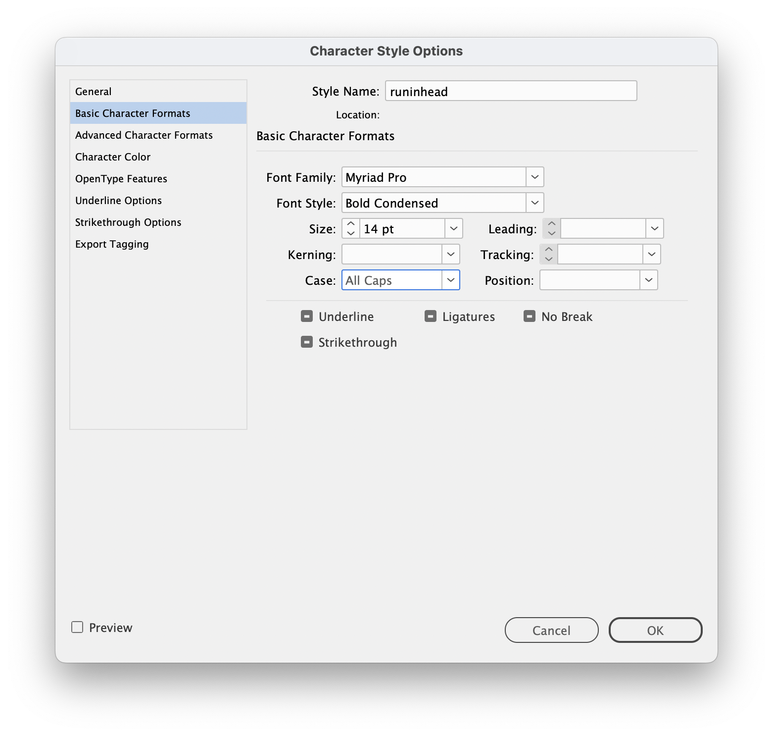 Character Style options shows formatting changes for run-in text for the ads.