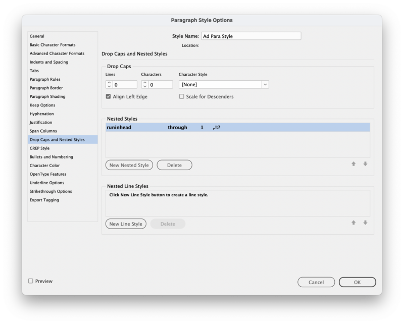 Paragraph style options for editing and adding nested character styles to the definition.