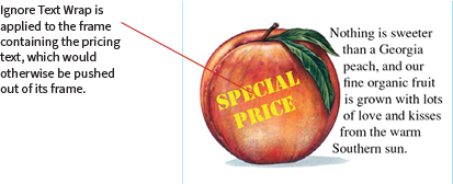 Image of color drawing of a peach with descriptive text wrapped around the contour of the fruit. The words "SPECIAL PRICE" are superimposed on the peach. Callout text points to the "special price" text and reads "Ignore Text Wrap is applied to the frame containing the pricing text, which would otherwise be pushed out of its frame."