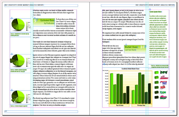 A book spread with main text flow and marginalia. Verso has two pie charts, recto has a bar graph. Labels are dropped into the main text flow. All elements show anchors to main text flow.