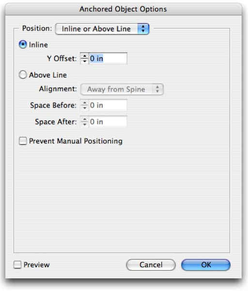 Anchored Object Options dialog box shows Inline radio button selected with value of Y offset: 0in.