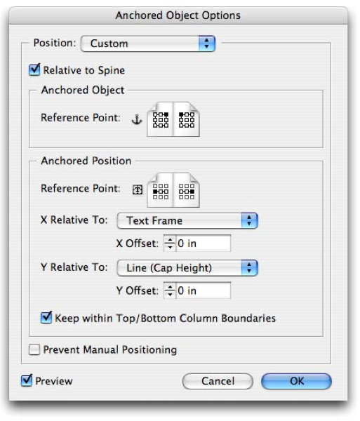 Anchored Object Options dialog box shows position set relative to spine, X relative to text frame with X offset 0; Y relative to Line (Cap Height) with Y offset 0; Keep within Top/Bottom Boundaries checked.