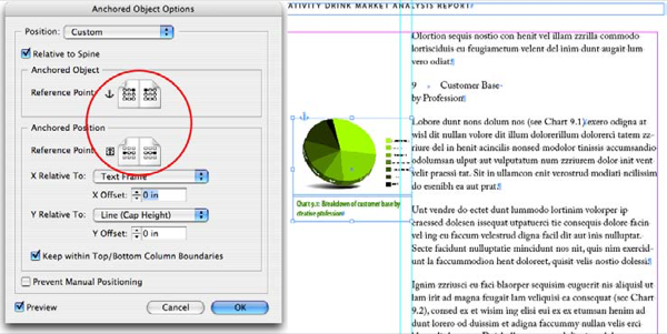 Anchored object setting shown with grouped piechart and caption to which settings apply. Reference points highlighted. Anchored object reference point proxy for verso page set for top right; for recto page, top left. Anchored position reference point proxy set for middle left (verso) and middle right (recto). The group is selected and in the left margin adjacent to the text but not yet positioned accurately in the margin.