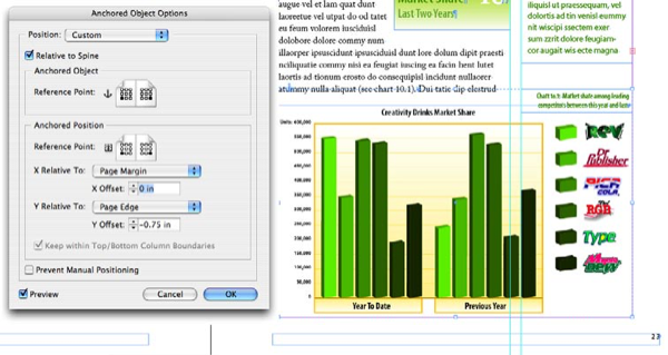 Anchored object options show large bar graph at bottom of page. Position custom, relative to spine — refererence point set to bottom left (verso) and bottom right (recto). Anchored position set for bottom left (verso) and bottom right (recto). Y relative to page edge with offset -0.75 in.