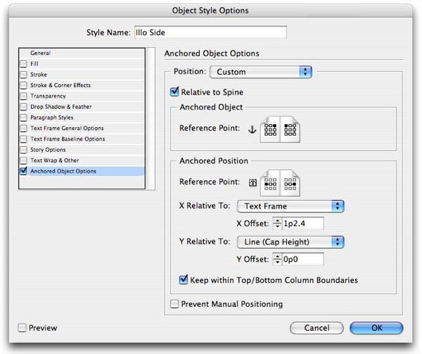 Screen shot of Object Style Options shows only Anchored Object Options checked, with settings for Position relative to spine and proxy set for top left (verso) and top right (recto). Anchored position reference point set for middle left (verso) and middle right (recto), x relative to text frame with 1p2.4 offset and Keep within Top/Bottom Boundaries checked.