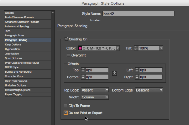 The Paragraph Style Options dialog box for a style named "head2" shows the options in the Paragraph Shading section. Highlighted is the checked box that says "do not print or export."