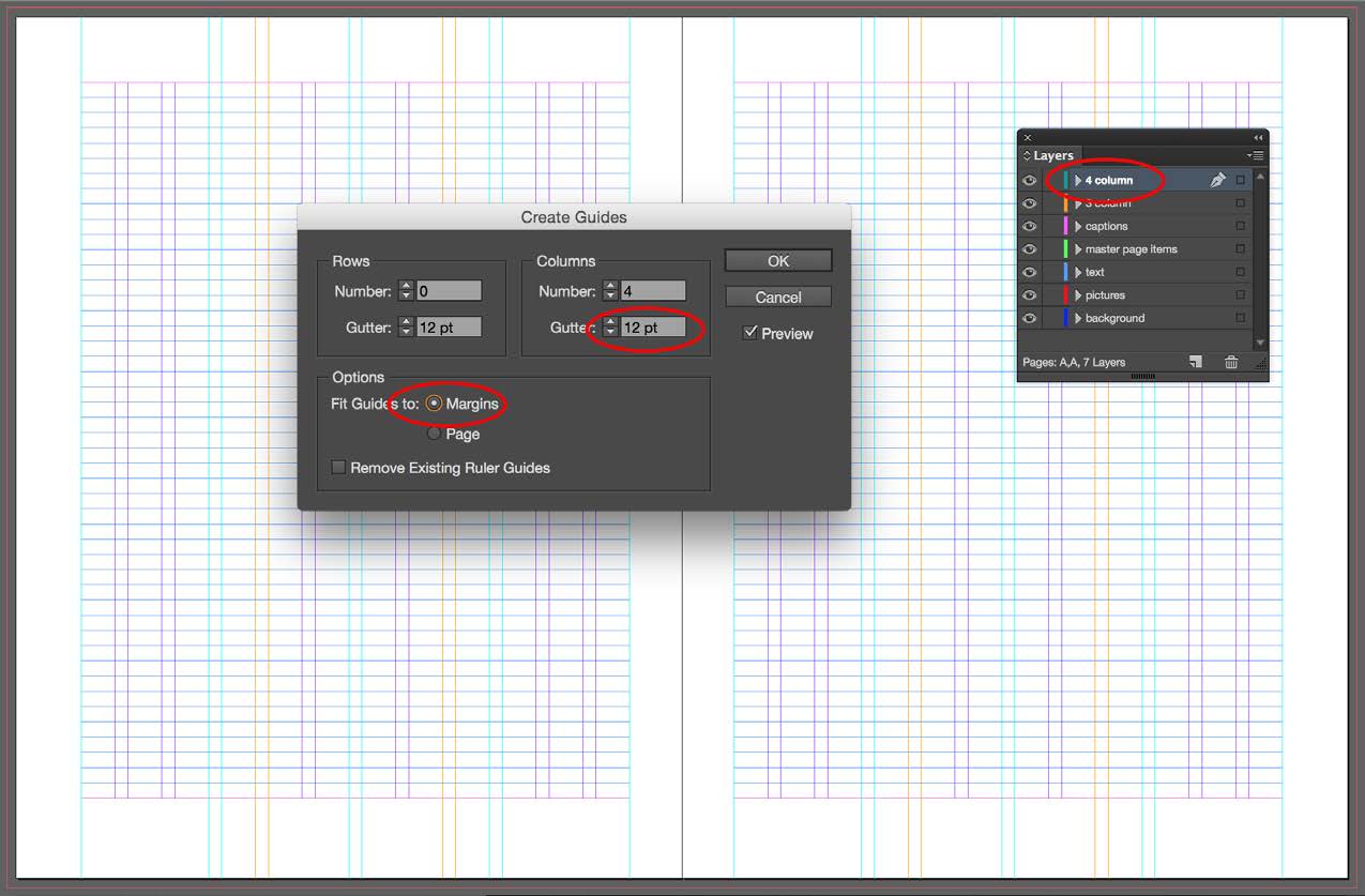A spread with 12 columns (default purple), as well as guides for 4 columns (light blue) and 3 columns (goldenrod). Create Guides dialog box shows Rows: number, 0; gutter, 12 pt and columns: number, 4, gutter, 12 pt. Highlighted is the 12 pt. setting for column gutter and a selected radio button for Fit guides to margins. Layers panel is active with top layer named "4 column." That layer is highlighted for readers.