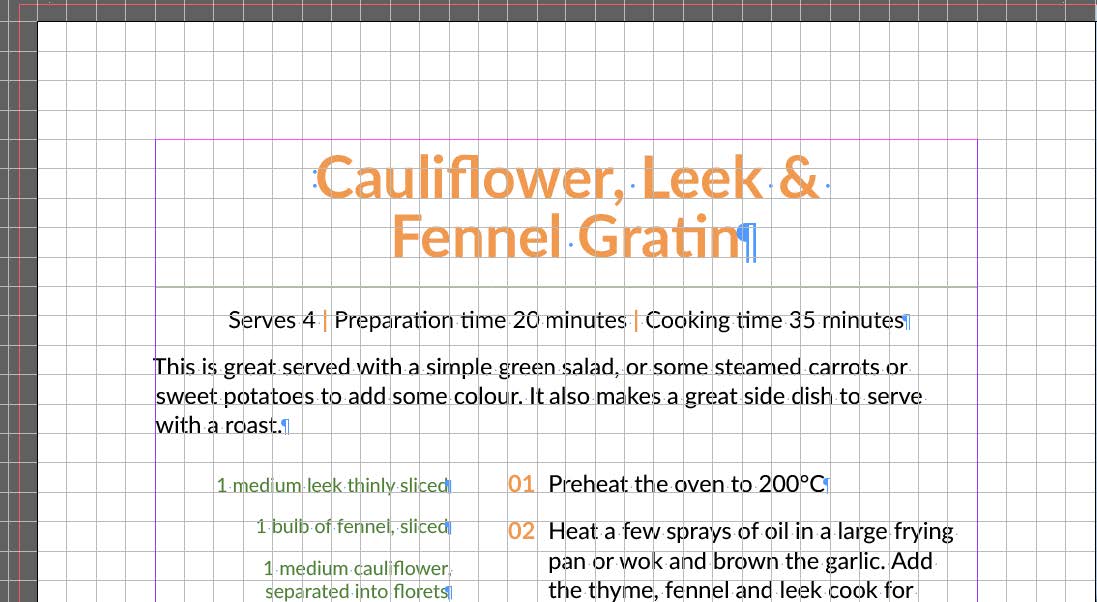 The cookbook page from figure 11, with the document grid on.