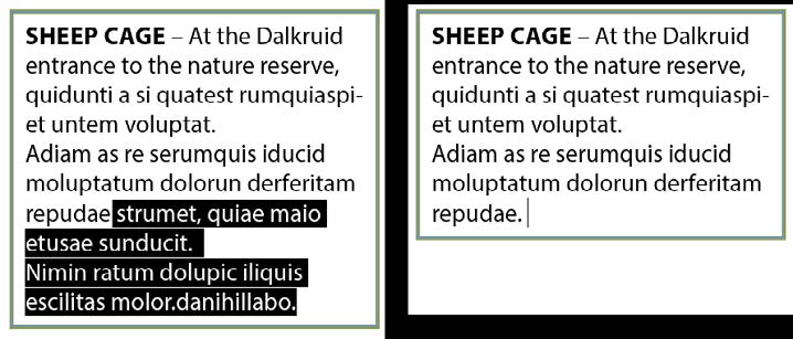 Two views of text frame from figure 14 shows three full lines and a portion of the fourth line selected. Right side shows same frame with text selected in left side example deleted. The height of the frame has contracted relative to the new last line of the text.