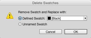 Delete Swatches dialog box shows warning for removing Defined Swatch and replacing it with the [Black] swatch.