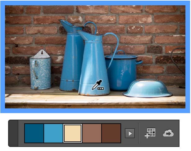 Graphic of multiple antique pitchers and washbasin shows Color Theme tool (eyedropper with tiny grid of three squares) and floating panel with five colors pulled from image (two blues, a neutral beige highlighted, and two brick-reds).