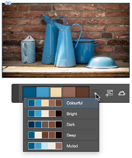 Same image as in last few figures. Cursor hovers over small arrow icon in Color Theme Tool floating panel. Drop-down menu shows alternative palettes of five swatches: Colourful, Bright, Dark, Deep, and Muted.