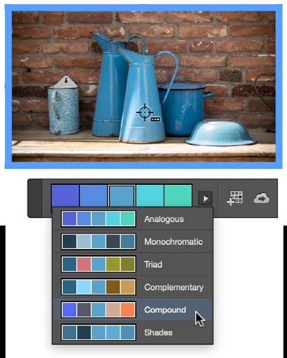 Same image as in last few figures, with registration mark/crosshairs icon with tiny grid of three squares. In Color Theme Tool floating panel arrow icon is selected and drop-down menu shows six alternate palettes of five swatches. Palettes are respectively titled Analogous, Monochromatic, Triad, Complementary, Compound, and Shades.